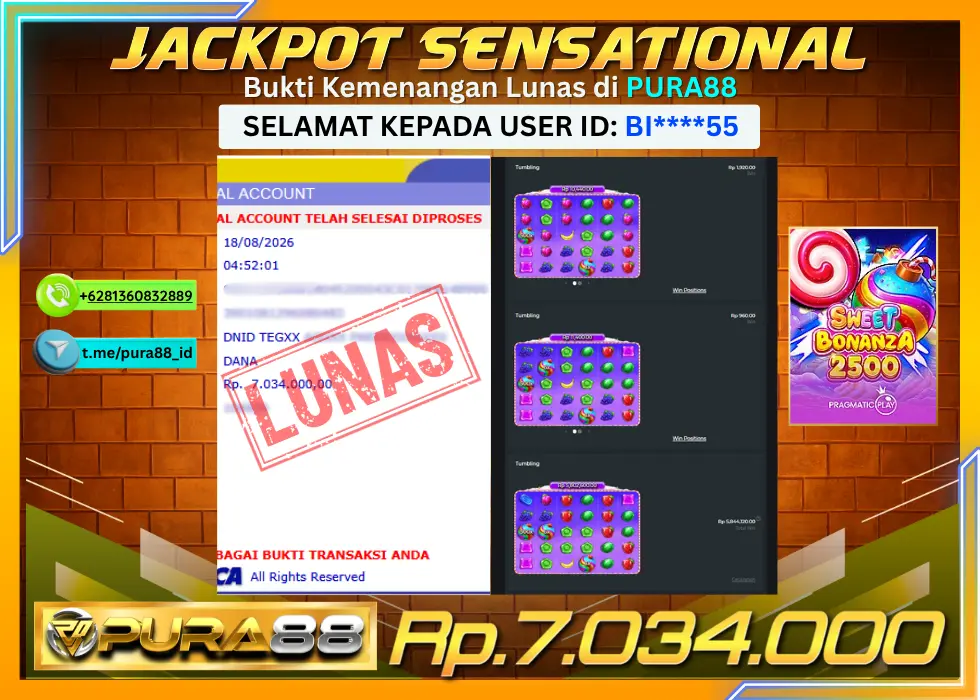 PURA88 JACKPOT SWEET BONANZA 2500 Rp 7.034.000,- LUNAS